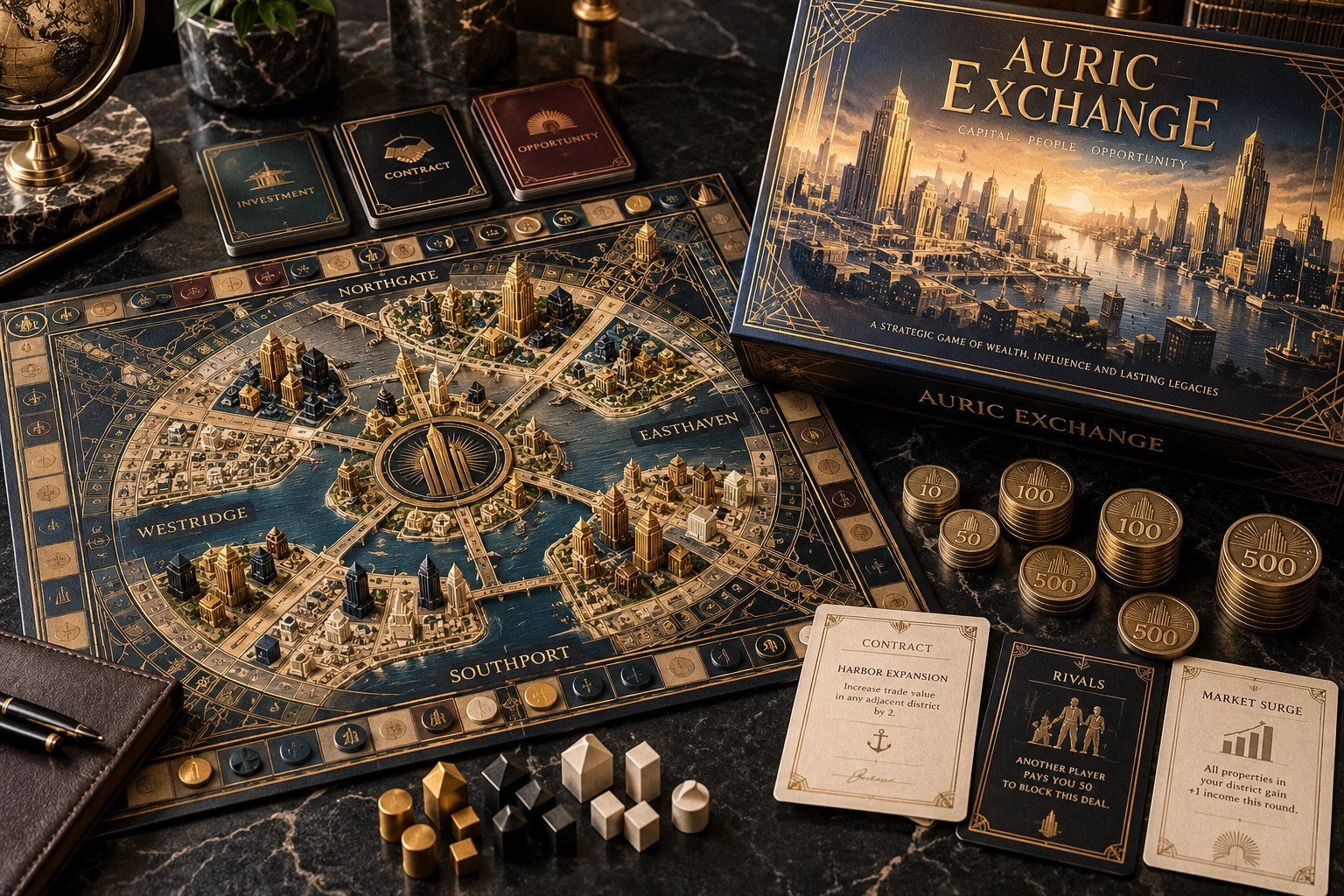 Auric Exchange, physical board game and playing pieces