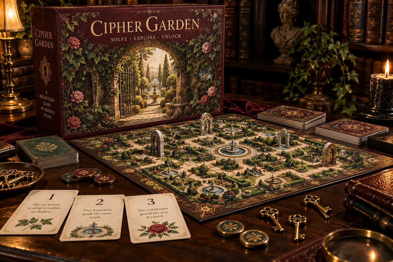 Cipher Garden, physical board game and playing pieces