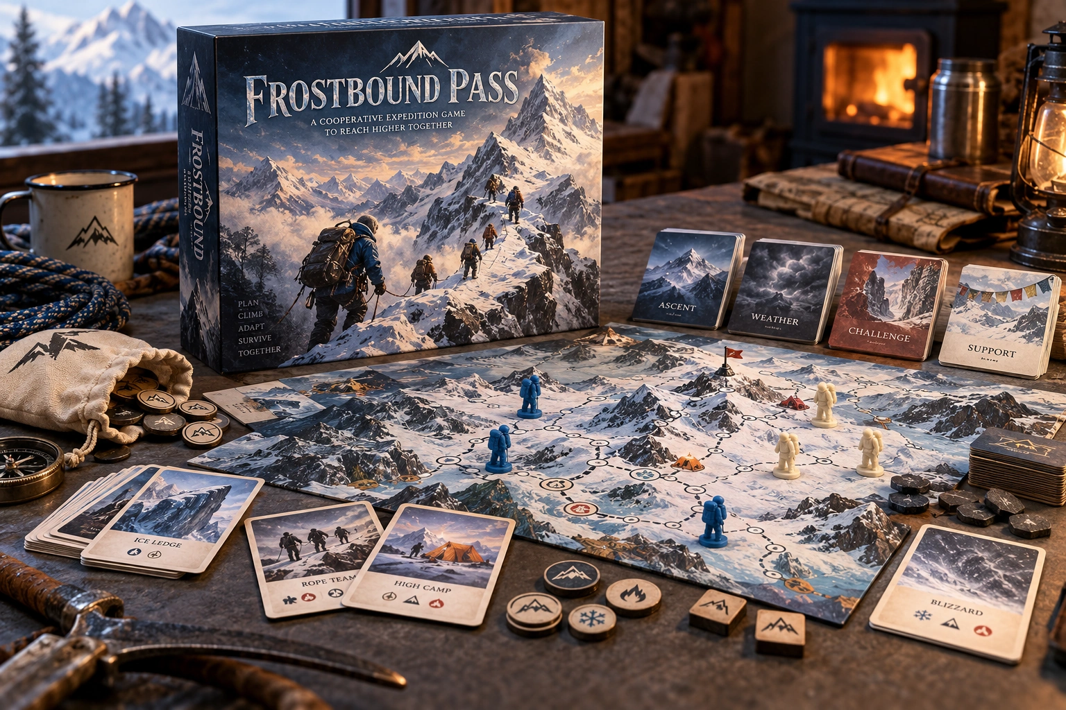Frostbound Pass, physical board game and playing pieces