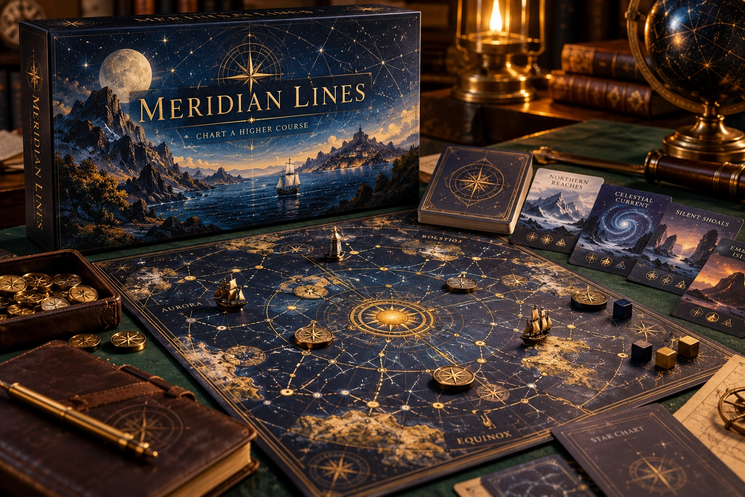 Meridian Lines, physical board game and playing pieces