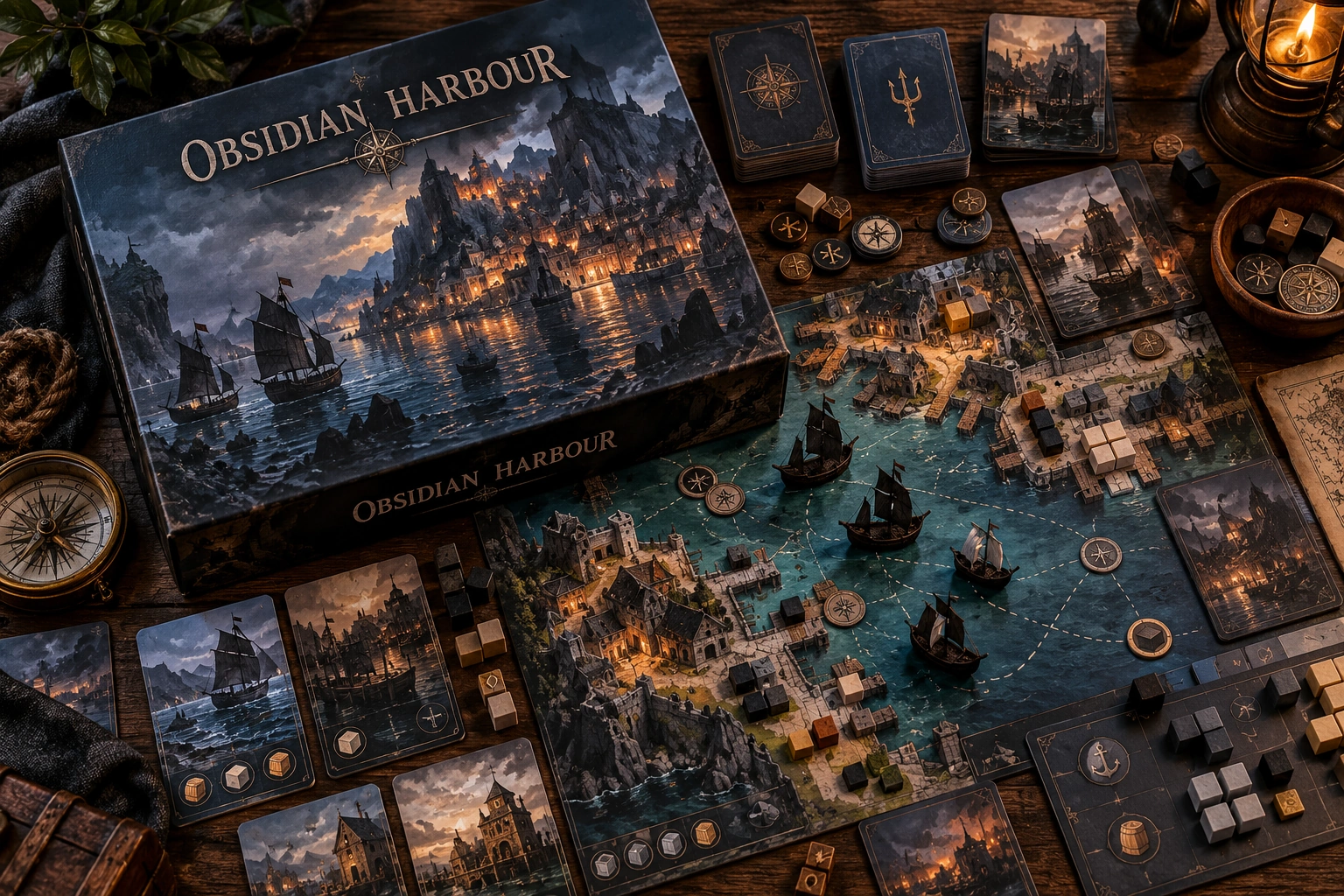 Obsidian Harbour, physical board game and playing pieces