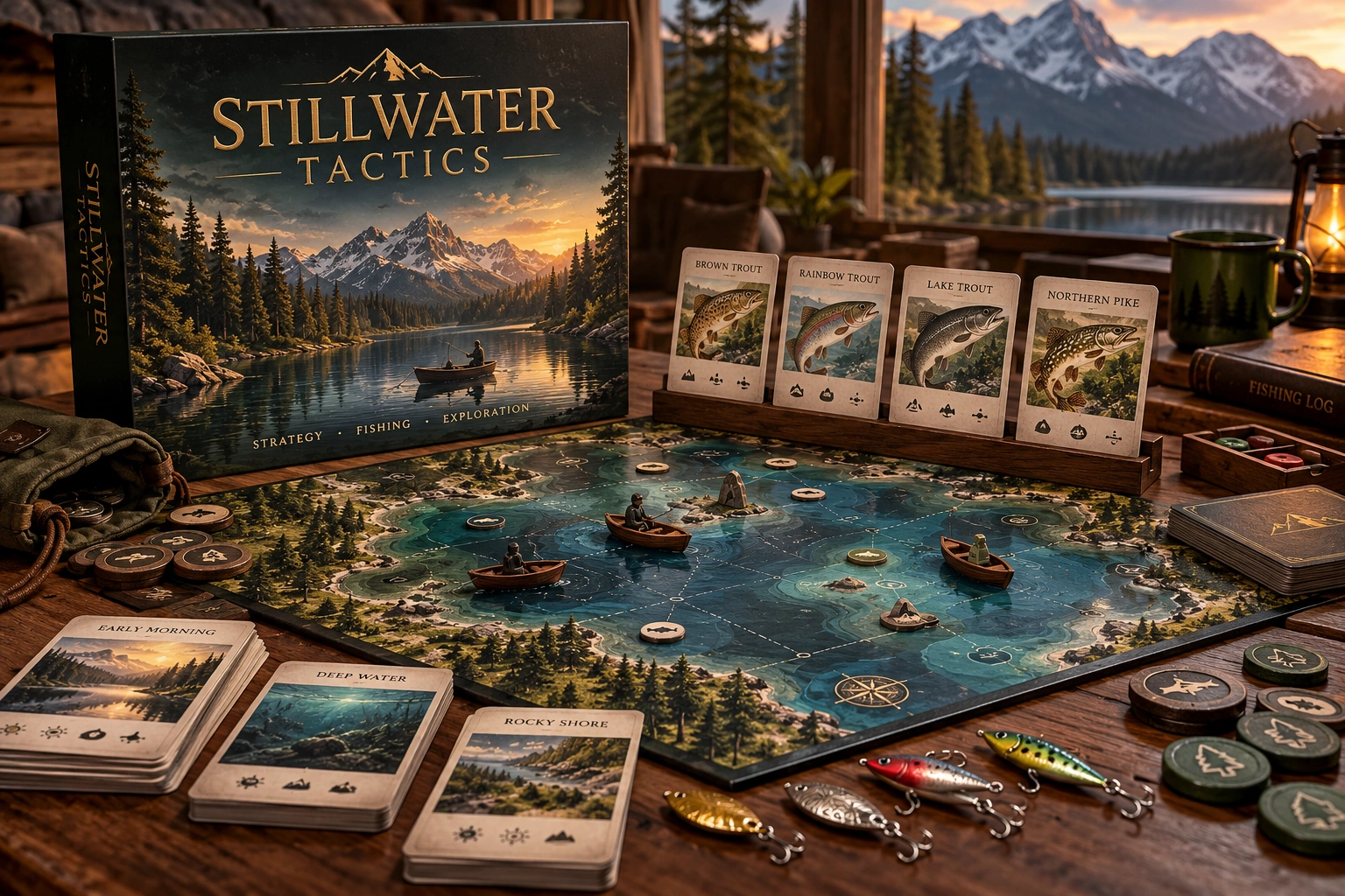 Stillwater Tactics, physical board game and playing pieces